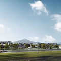 Modern Townhouses Exterior With Green Lawn Trees Distant Mountains And Blue Sky