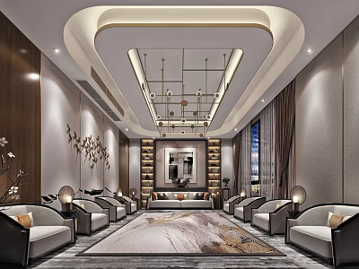 Elegant Modern Hotel Public Lounge Interior With Comfortable Sofas Artistic Rug And Decorative Chandelier 3d model
