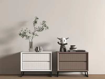 Modern White and Brown Bedside Tables with Woven Drawers Vase Plant Figurine and Books 3d model