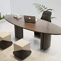 Oval Brown Desk With Laptop Tray Vase Plant Black Chair Geometric Stools And White Blinds