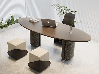 Oval Brown Desk With Laptop Tray Vase Plant Black Chair Geometric Stools And White Blinds 3d model