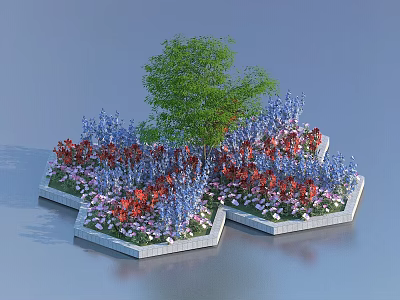 Colorful Flower Garden Design With Hexagonal Planters Green Tree And Mixed Blooms 3d model