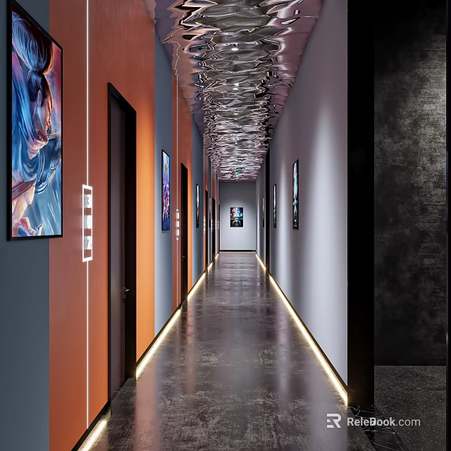 Modern Hotel Corridor Interior Featuring Orange Gray Walls Artwork And Unique Ceiling Design 3d model