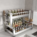 Multi tiered Stainless Steel Kitchen Shelf With Spice Jars Olive Oil Bottles And Cooking Utensils