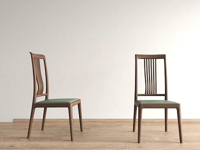 Two Modern Wooden Dining Chairs With Green Upholstered Seats And Slatted Backs On Wooden Floor 3d model