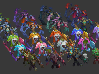 Colorful Fantasy Game Characters With Diverse Costumes And Unique Weapon Designs 3d model
