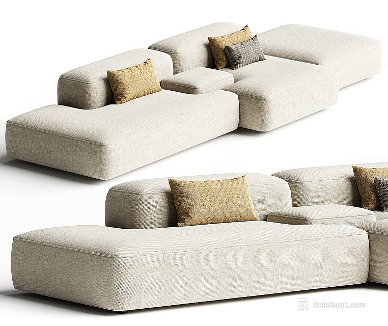 Modern Light Beige Upholstered Multi Seater Sofa With Decorative Tan Pillows 3d model