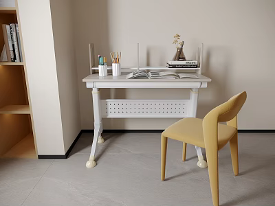 White Desk With Yellow Chair Stationery Vase And Adjacent Wooden Bookshelf 3d model