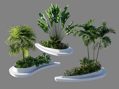 Modern White Tree Planters Landscaping With Various Green Plants And Palm Trees 3d model