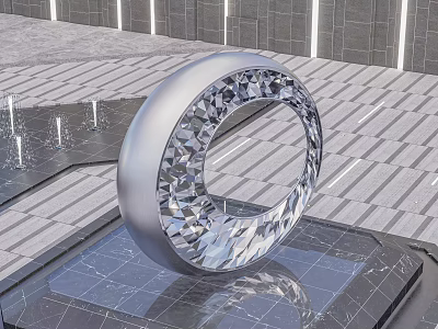 Silver Ring Shaped Sculpture With Diamond Cut Polygonal Structure On Reflective Platform Gray Background 3d model