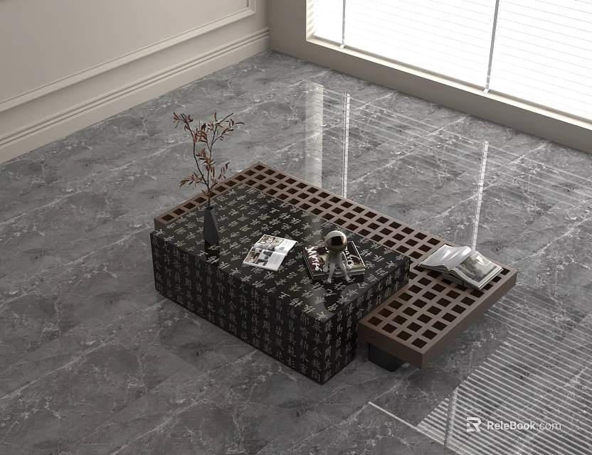 Modern Coffee Table With Geometric Pattern Decorative Vase Magazines And Decor Items In Bright Room 3d model