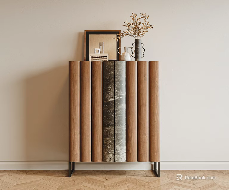 Modern Console Cabinet With Vertical Slats Wooden Panel Metal Legs And Decorative Vase 3d model 