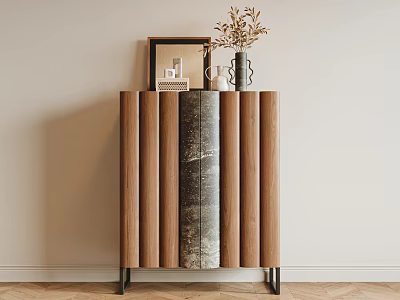 Modern Console Cabinet With Vertical Slats Wooden Panel Metal Legs And Decorative Vase 3d model