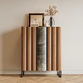 Modern Console Cabinet With Vertical Slats Wooden Panel Metal Legs And Decorative Vase