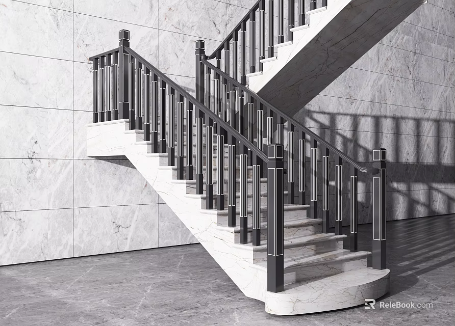 Modern Indoor Staircase With Marble Steps And Stainless Steel Railings Design 3d model 