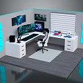 Modern Office Desk With Dual Monitors Ergonomic Chair Drawers Decorative Art And Blue Lighting