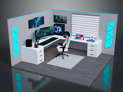 Modern Office Desk With Dual Monitors Ergonomic Chair Drawers Decorative Art And Blue Lighting 3d model