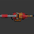 Red And Orange Mechanical Weapon With Metal Nozzle Fuel Tank And Black Hose