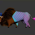 Brown Bull With Colorful Striped Outfit And Small Blue Character On Back