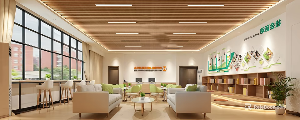 Modern Office Interior With Wooden Ceiling White Sofas Green Cushions And Bookshelves 3d model 