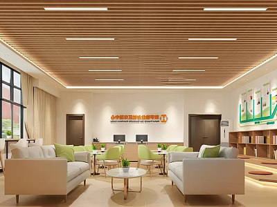 Modern Office Interior With Wooden Ceiling White Sofas Green Cushions And Bookshelves 3d model