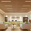 Modern Office Interior With Wooden Ceiling White Sofas Green Cushions And Bookshelves