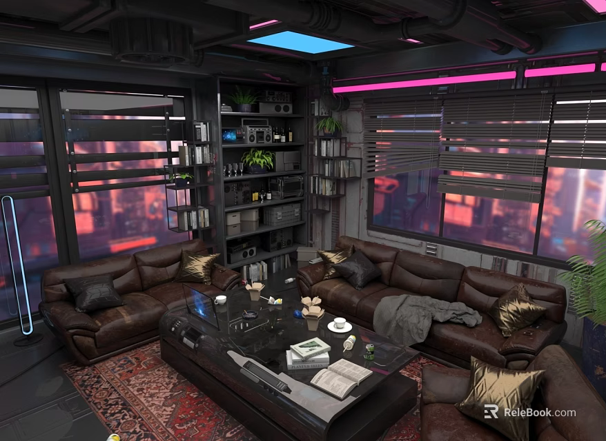 Futuristic Living Room With Brown Leather Sofas Large Windows Neon Lights And Coffee Table 3d model 