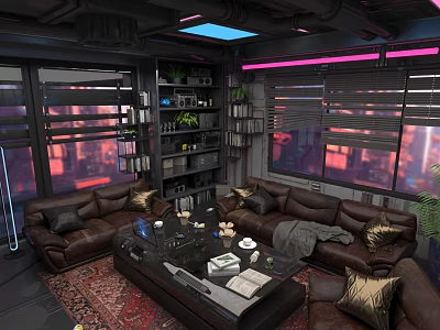 Futuristic Living Room With Brown Leather Sofas Large Windows Neon Lights And Coffee Table 3d model