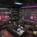 Futuristic Living Room With Brown Leather Sofas Large Windows Neon Lights And Coffee Table