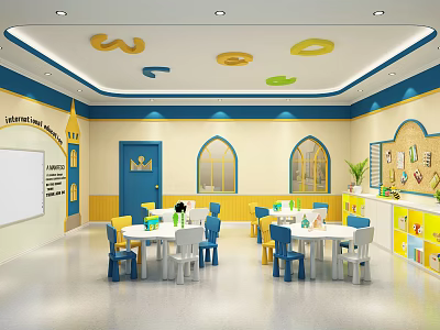 School Classroom Interior With Colorful Ceiling Letters Arched Windows And Colorful Tables Chairs 3d model