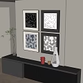 Four Black And White Patterned Frames On Wall With Decorative Vase And Shelf 3d model