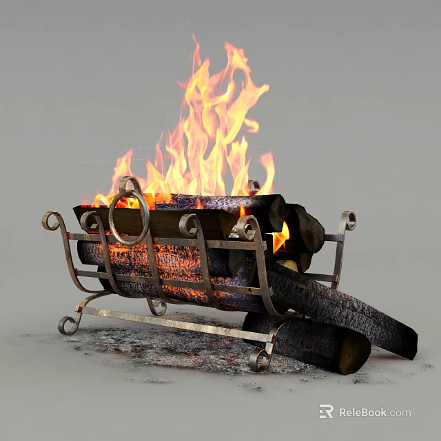 Burning Fireplace With Roaring Flames And Stacked Wood Logs On Metal Rack 3d model 