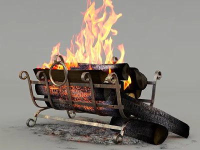 Burning Fireplace With Roaring Flames And Stacked Wood Logs On Metal Rack 3d model