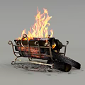 Burning Fireplace With Roaring Flames And Stacked Wood Logs On Metal Rack