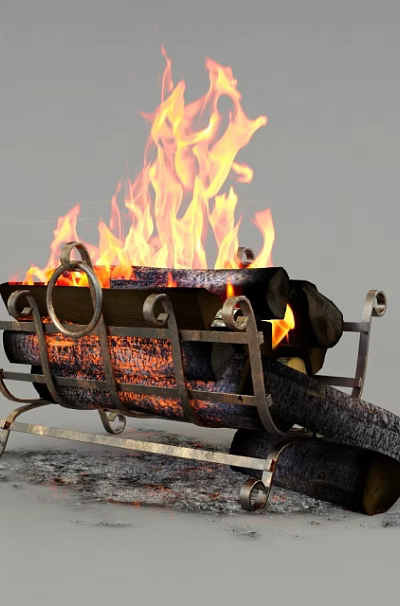 Burning Fireplace With Roaring Flames And Stacked Wood Logs On Metal Rack 3d model