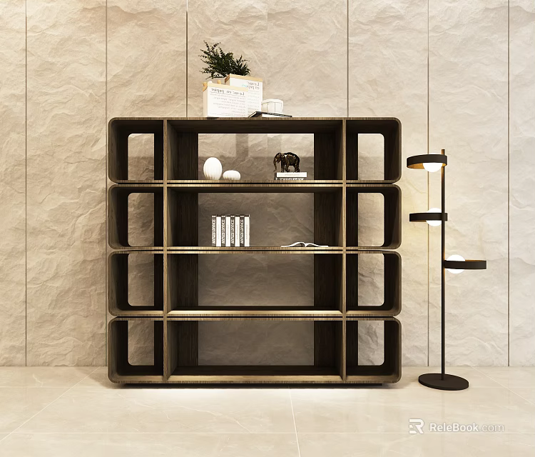 Minimalist Decorative Cabinet With Open Shelves Potted Plant And Floor Lamp Decor Items 3d model 