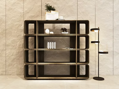 Minimalist Decorative Cabinet With Open Shelves Potted Plant And Floor Lamp Decor Items 3d model
