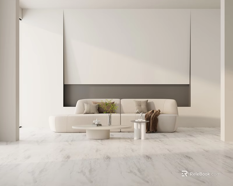 Modern Living Room Three-Seater Sofa With White Upholstery Coffee Table Throw Blanket And Flower Vase 3d model 