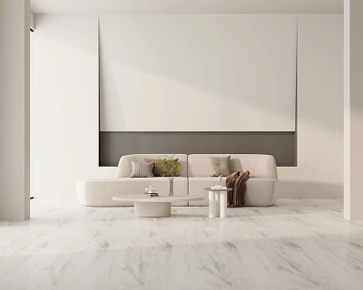 Modern Living Room Three-Seater Sofa With White Upholstery Coffee Table Throw Blanket And Flower Vase 3d model