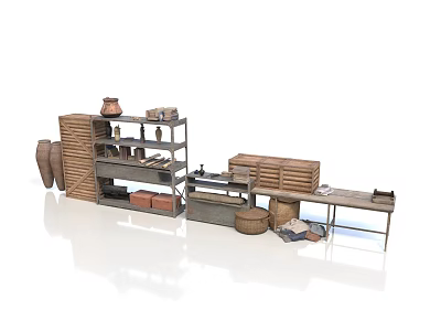Rustic Household Items Display With Wooden Shelves Clay Pots And Baskets 3d model