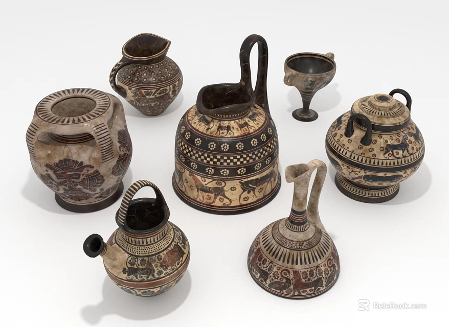 Ancient Handcrafted Clay Pots With Intricate Patterns And Diverse Shapes 3d model 