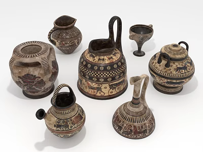 Ancient Handcrafted Clay Pots With Intricate Patterns And Diverse Shapes 3d model