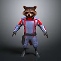 Sci Fi Game Movie Raccoon Character In Blue Red Uniform With Armor