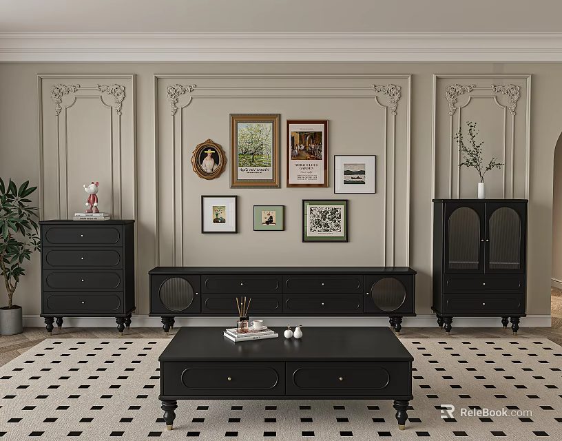 Black TV Stand In Classic Living Room With Framed Pictures And Checkered Rug 3d model 