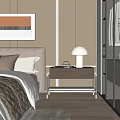 Modern Elegant Bedroom Interior With Tufted Bedhead Wooden Nightstand And White Table Lamp