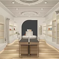 Modern Boutique With White Curved Shelves Round Display Table Shoes Decorations Wooden Flooring Bright Lights