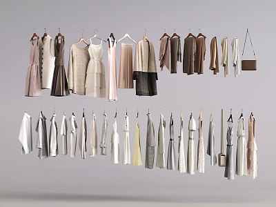 Various Hanging Clothes Including Dresses Coats Skirts In Neutral Tones 3d model