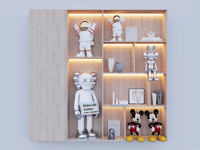 Modern Wooden Decorative Cabinet With Astronaut Kaws Mickey Mouse Figurines Vases Photo Frames And Lighting 3d model