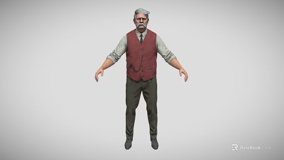 A White Haired Bearded Man In Red Vest Light Shirt Dark Pants Against Gray Background 3d model 