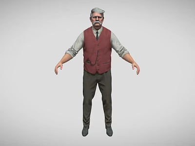 A White Haired Bearded Man In Red Vest Light Shirt Dark Pants Against Gray Background 3d model